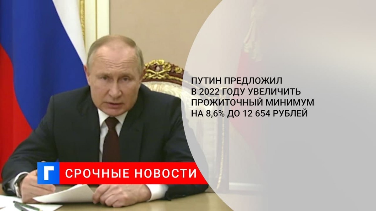 Путин предложил в 2022 году увеличить прожиточный минимум на 8,6 процента до 12 654 рублей
