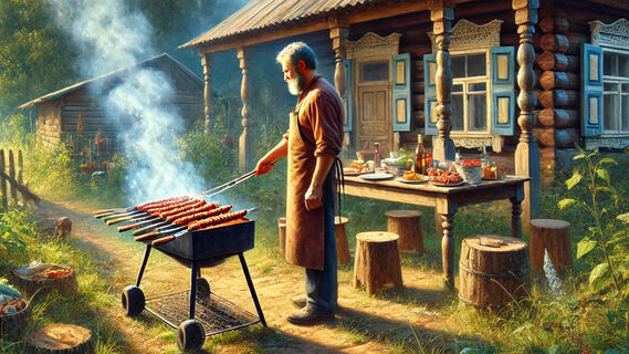 Мужчина жарит шашлыки