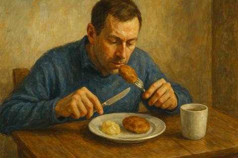 человек ест котлету