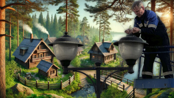 Фонари, лес, дома