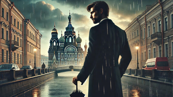 Мужчина, стоящий спиной с зонтом на фоне Петербурга