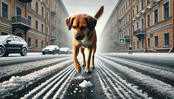 Пес на зимнем тротуаре, реагенты