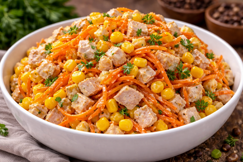 Салат «Минутка» из копченой курочки: без варки и жарки, из простых ингредиентов