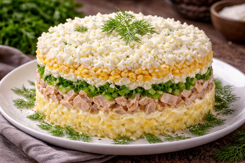 Попробовала один раз — теперь готовлю постоянно: салат «Облако» с копчёной курицей