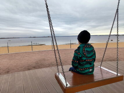 вода, берег, качели, ребенок