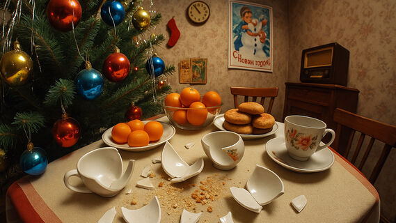 Елка, шары и разбитые чашки