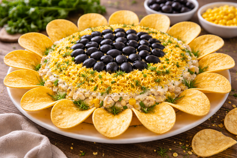 Если остались чипсы, готовим салат «Подсолнух»: нежный внутри, с маслинами снаружи