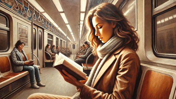 Девушка читает книгу в вагоне метро Девушка читает книгу в вагоне метро