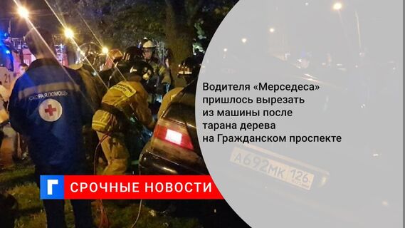 Водителя «Мерседеса» пришлось вырезать из машины после тарана дерева на Гражданском проспекте
