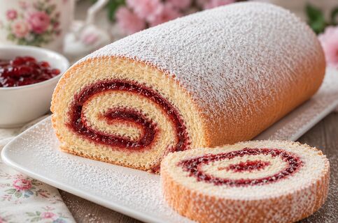 Намазываю бисквит повидлом и сворачиваю - получается вкуснейший рулет: идеален для чаепития