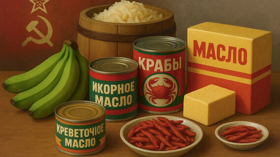 Деликатесы СССР, зеленые бананы, икра и масло крабов