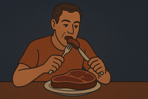 человек ест мясо