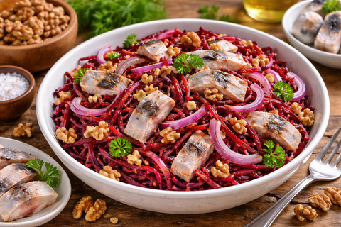 Обычная свёкла, селёдка и орехи — а получается салат, который съедают первым