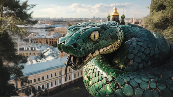 Зеленая змея на фоне Санкт-Петербурга