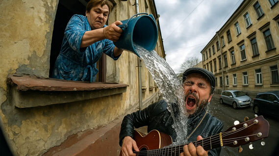 Женщина, ведро, вода, музыкант