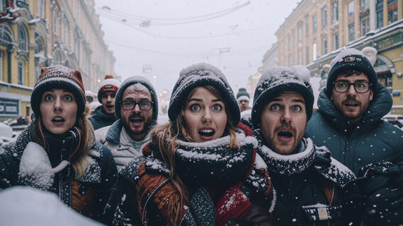 Удивленные люди в снегу