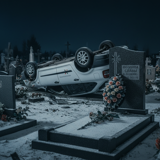 Газ в пол — и на погост: прокатное авто на полной скорости влетело на кладбище в Ленобласти