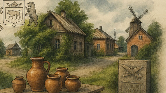 Дома, кувшины, герб