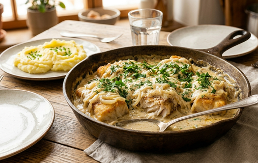 Закрываю рыбу луково-сметанной шапкой и готовлю вкуснятину: даже сухой минтай тает во рту