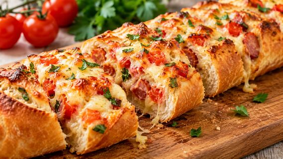 Быстрая пицца в багете с колбасками и сыром: готовить тесто не нужно, все уже есть под рукой