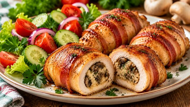 Лучшая закуска: запекли в духовке рулетики с беконом и грибами — просто объедение