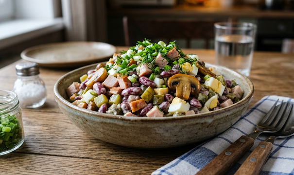 Не салат, а настоящее сытное объедение: копчёная курица и фасоль творят чудеса