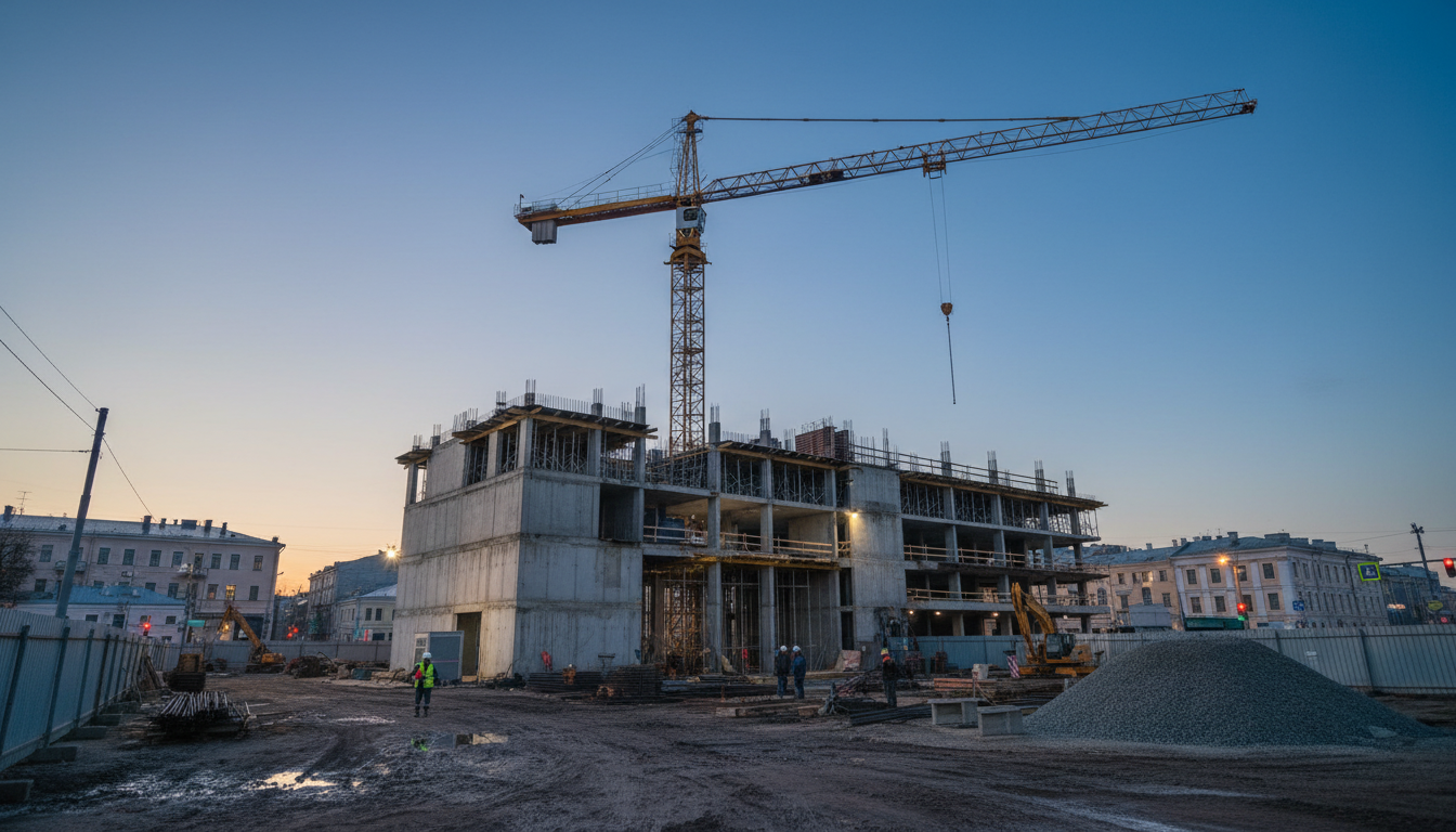 Над будущим вестибюлем «Фрунзенской» вырос железный исполин: на стройплощадке появился подъемный кран